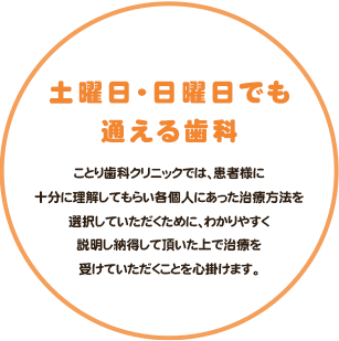 土曜日・日曜日でも通える歯科 ことり歯科クリニックでは、患者様に十分に理解してもらい各個人にあった治療方法を選択していただくために、わかりやすく説明し納得して頂いた上で治療を受けていただくことを心掛けます。